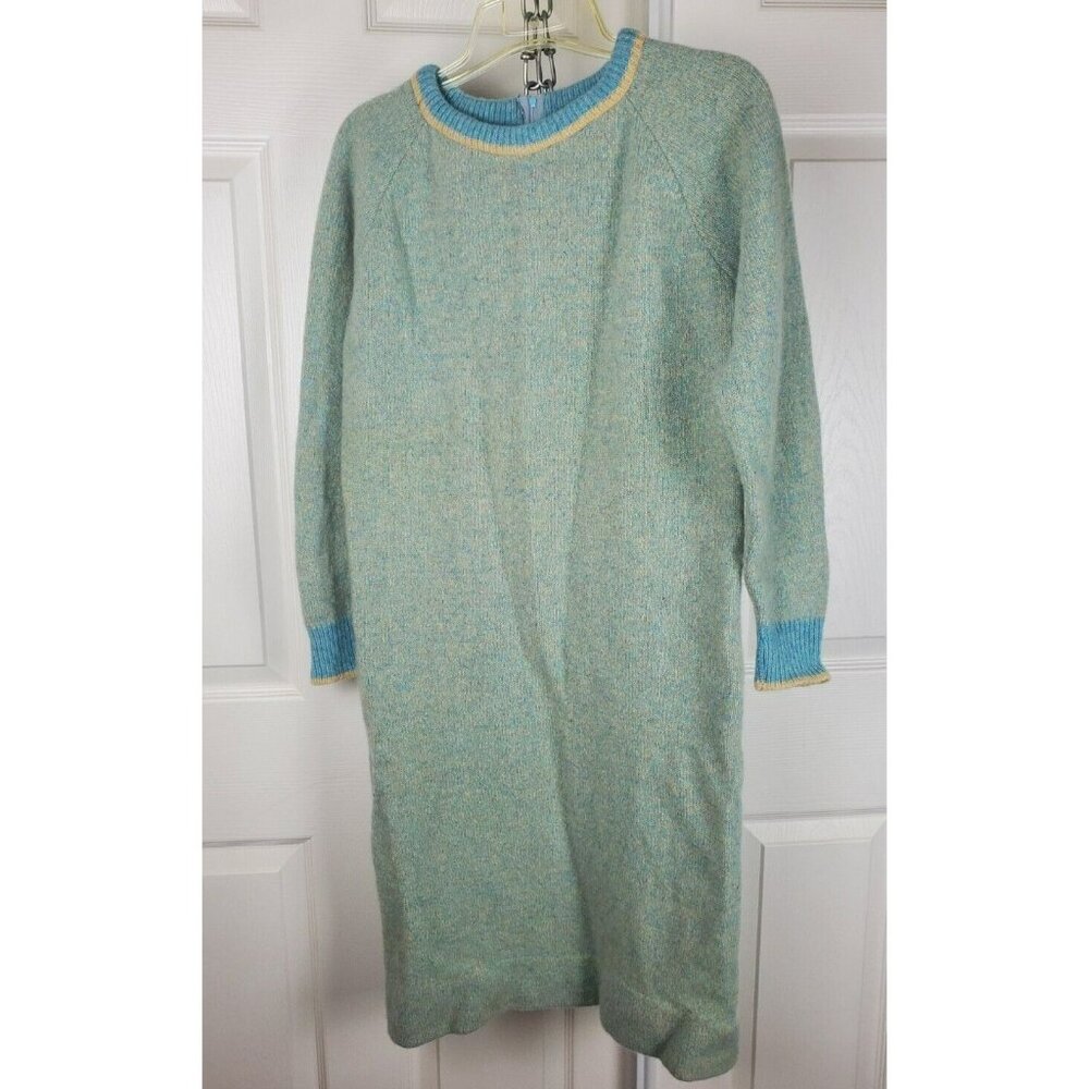 Vintage 1970s Sears Shetland Wool Blue Green Sweater Dress Small / Medium Mod